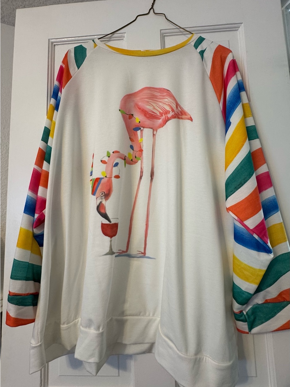 White Pullover with Pink Flamingo & Rainbow Striped Holiday Longsleeve shirt